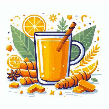Turmeric tea in glass with cinnamon, orange and ginger. Vector illustration.のイラスト素材