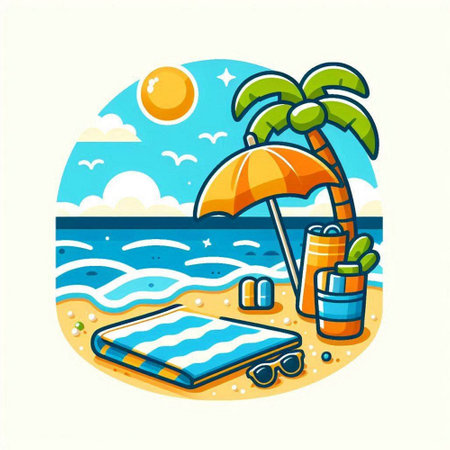 Beach vacation vector illustration. Summer time on the beach. Flat style.のイラスト素材