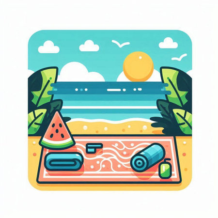 Summer beach flat color vector icon. Vacation and travel. Holiday on the beach.のイラスト素材