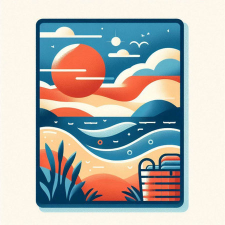 Retro travel card with sea, sun and beach. Vector illustration.のイラスト素材