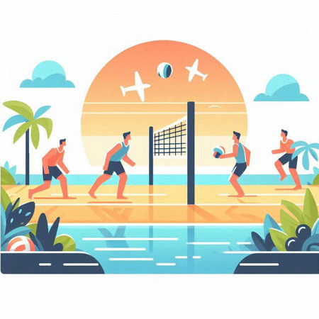 People playing volleyball on the beach. Flat vector illustration. Summer vacation concept.のイラスト素材