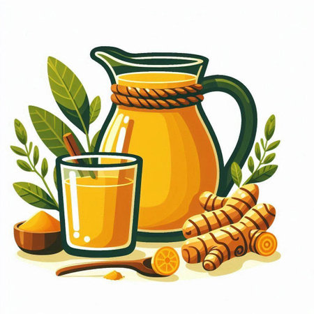 Ginger juice in a jug and a glass. Vector illustration.のイラスト素材