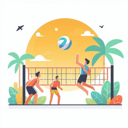 Summer beach volleyball game vector illustration. Male and female characters playing beach volleyball on sunset backgroundのイラスト素材