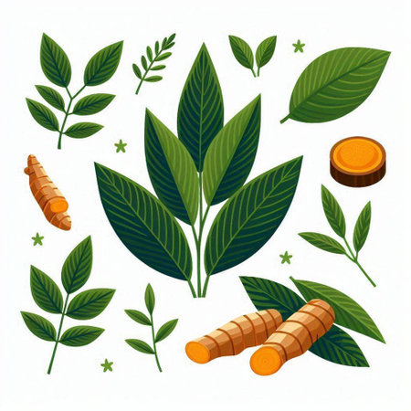 Set of medicinal herbs and leaves. Vector illustration in flat style.のイラスト素材