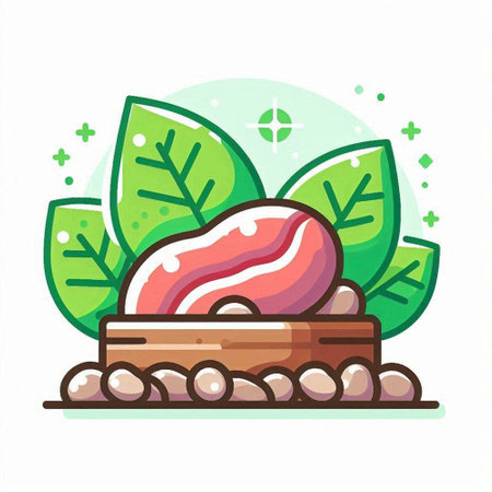 Steak in a wooden box with green leaves. Vector illustration.のイラスト素材