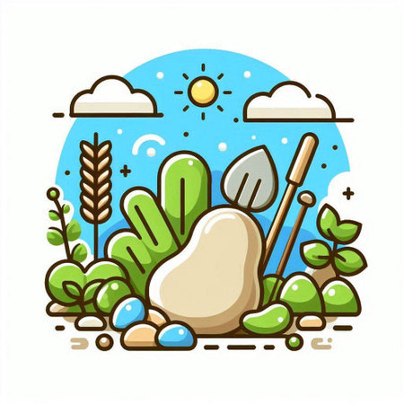 Landscape design with stones, bushes, grass and sun. Vector illustrationのイラスト素材