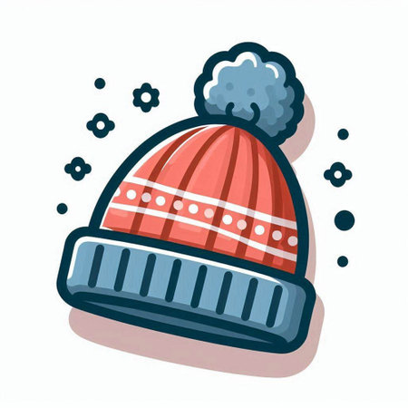 Vector illustration of a knitted hat with pompon and snowflakesvector, icon, symbol, design, illustration, graphic, set, abstract, line, elementのイラスト素材