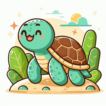 Cute turtle on the sand. Vector illustration in cartoon style.のイラスト素材