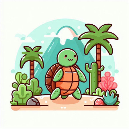 Cartoon turtle on the beach. Vector illustration in flat style.のイラスト素材