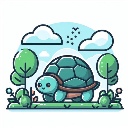 Cute little turtle in the forest. Vector illustration in cartoon style.のイラスト素材