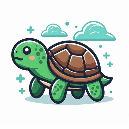 Cute cartoon turtle on white background. Vector illustration in flat style.のイラスト素材