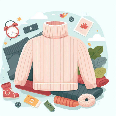 Vector illustration of a knitted sweater and accessories for winter vacation.のイラスト素材