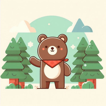 Cute cartoon bear in the forest. Vector illustration in flat styleのイラスト素材