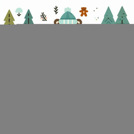 Cute hand drawn vector illustration of winter landscape with fir trees and snowflakesのイラスト素材