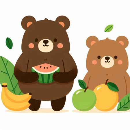 Cute bear and bear eating watermelon. Vector cartoon illustration.のイラスト素材