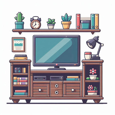 Living room with furniture and TV. Vector illustration in flat style.のイラスト素材