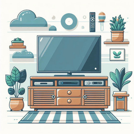 Vector illustration of living room interior with TV set, furniture and plants.のイラスト素材