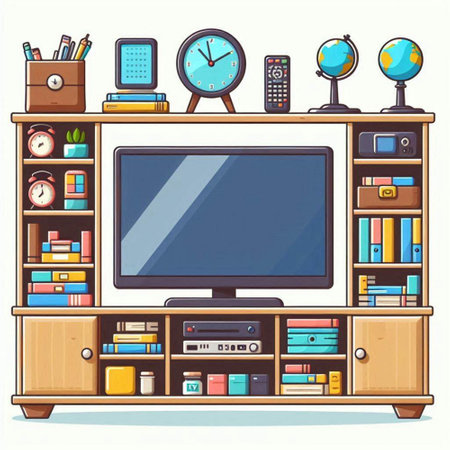 Illustration of a home living room with a TV, bookshelf and other itemsのイラスト素材
