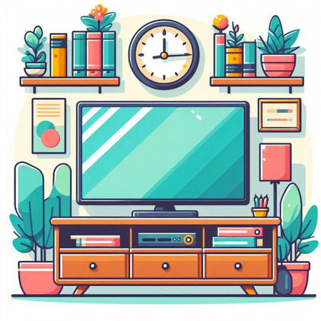 Living room interior with furniture, TV, bookshelf, clock and plants. Vector illustrationのイラスト素材