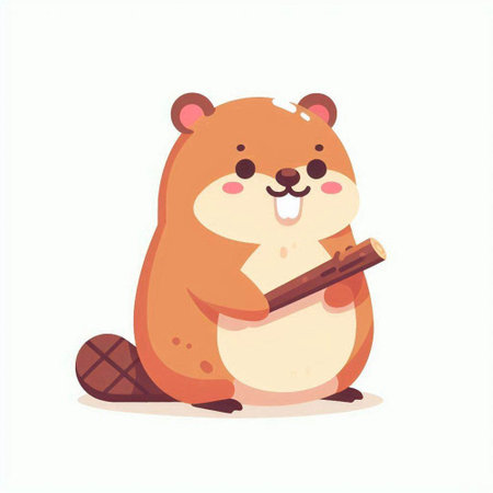 Cute beaver with a wooden stick. Vector illustration in cartoon style.のイラスト素材