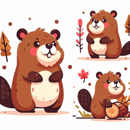 Cute cartoon beavers in autumn forest. Vector illustration for your designのイラスト素材