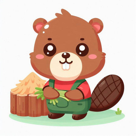 Cute cartoon beaver with a basket of rice. Vector illustration.のイラスト素材