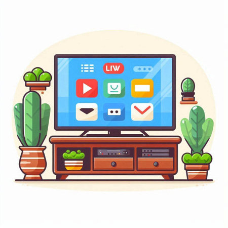 TV screen with media icons. Flat illustration of tv screen with media icons for web designのイラスト素材
