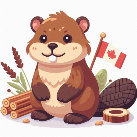 Cute beaver with a canadian flag. Vector illustration.のイラスト素材