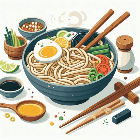 Illustration of a bowl of asian noodle soup with chopsticksのイラスト素材