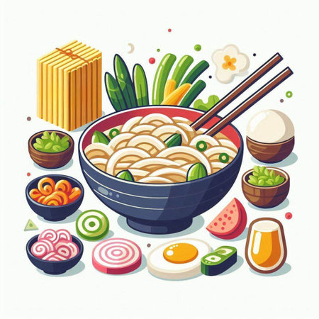 Noodles in a bowl with chopsticks. Vector illustration.のイラスト素材
