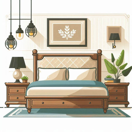 Bedroom interior with wooden bed, lamp, nightstand, lamp and plant. Vector illustrationのイラスト素材