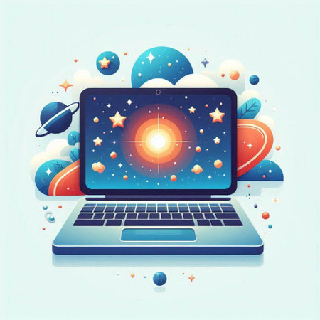 Laptop with planets and stars on blue background. Vector illustration.のイラスト素材