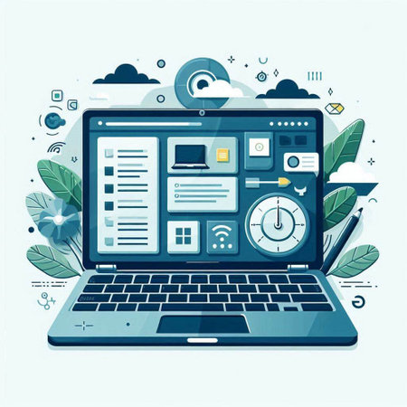 Laptop computer with web design elements. Vector illustration in flat styleのイラスト素材