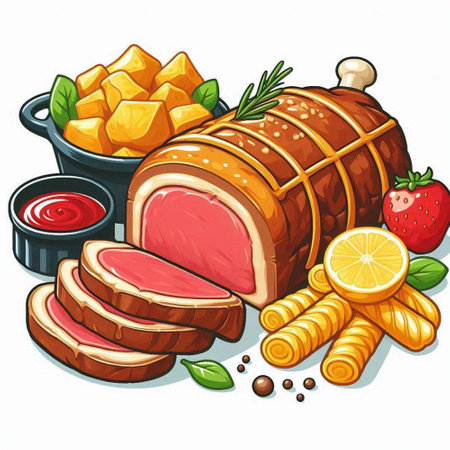 Illustration of a Pork Roast with Fruits and Vegetablesのイラスト素材