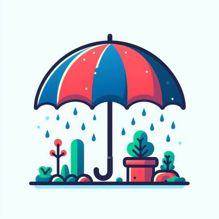 Vector illustration of a colorful umbrella in the rain. Flat style.のイラスト素材