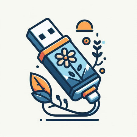 Icon of USB flash drive with leaves and flowers. Vector illustration.vector, icon, symbol, design, illustration, graphic, set, abstract, line, elementのイラスト素材