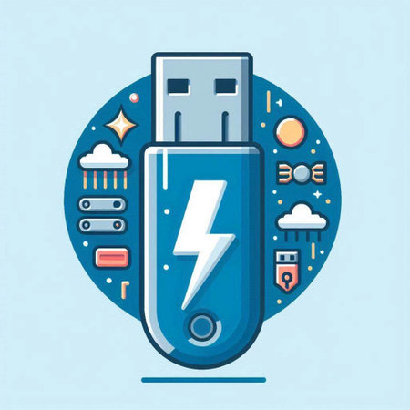 USB flash drive with different icons on blue background. Vector illustration.のイラスト素材