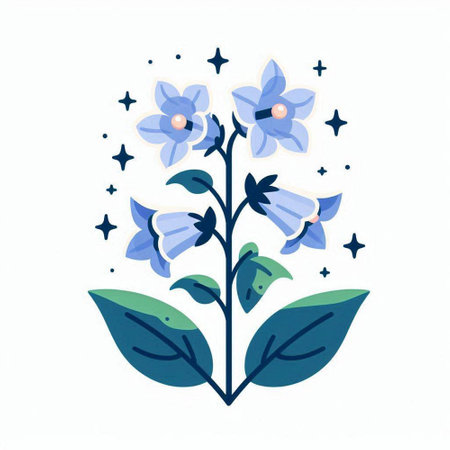 Illustration of bluebell flowers with leaves and stars on white backgroundのイラスト素材