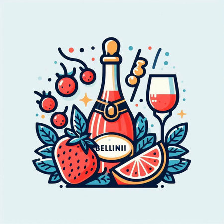 Vector illustration of bottle of champagne, strawberries, grapefruits and glasses.のイラスト素材