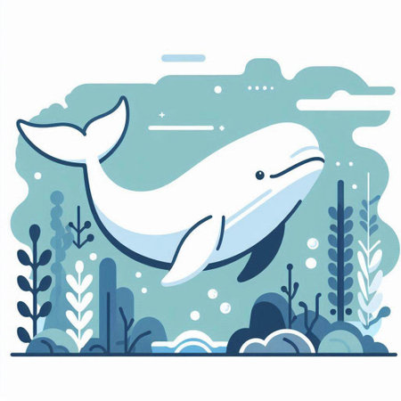 Vector illustration of a cute whale in the sea. Flat style.のイラスト素材