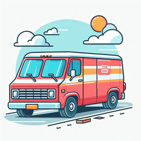 Retro van on the road. Vector illustration in cartoon style.のイラスト素材