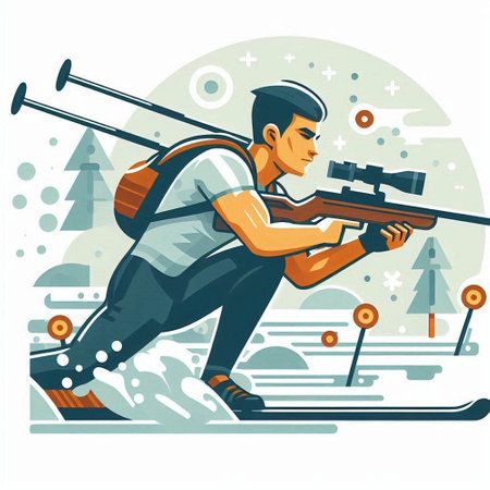 Vector illustration of a man skiing with a rifle in his hand.のイラスト素材
