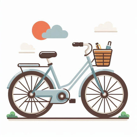 Bicycle with basket of food. Vector illustration in flat style.のイラスト素材