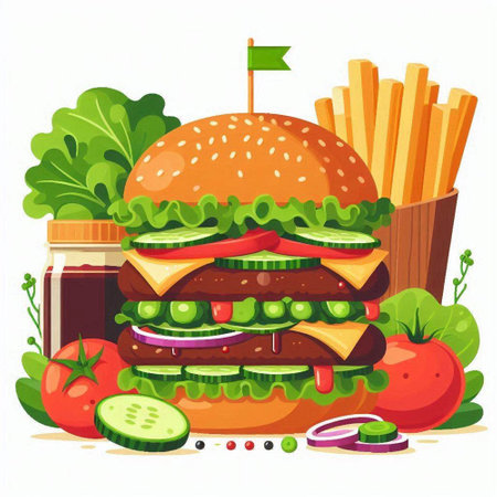 Hamburger and french fries. Fast food. Vector illustration.のイラスト素材
