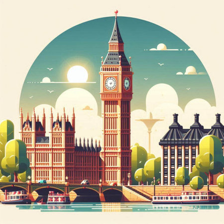 Big Ben and Westminster Bridge in London, UK. Vintage vector illustration.のイラスト素材