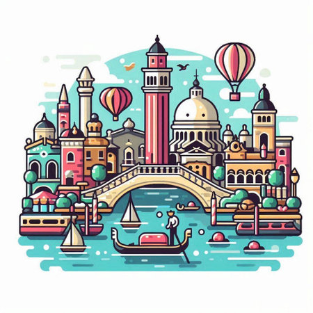 Venice, Italy travel vector illustration. Colorful hand drawn illustration.のイラスト素材