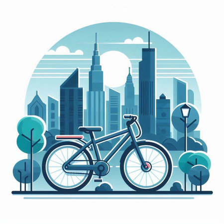 Bicycle on the background of the modern city. Vector illustration.のイラスト素材