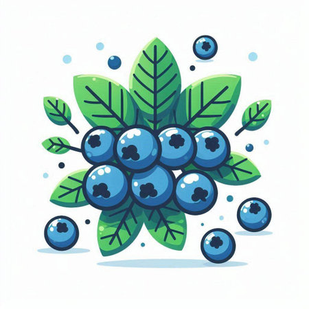 Blueberries and leaves. Vector illustration in cartoon style on white background.のイラスト素材