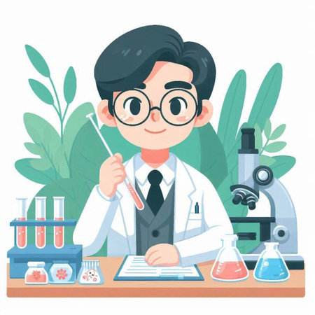 Young male scientist working in the laboratory. Vector illustration in cartoon style.のイラスト素材