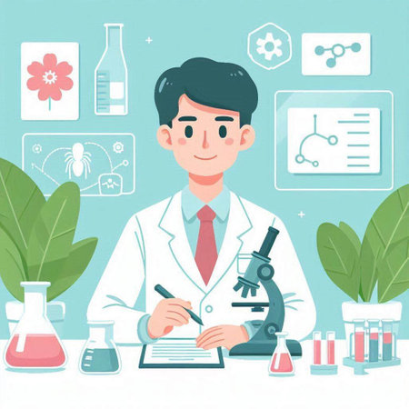 Scientist working in laboratory. Vector illustration in flat cartoon style.のイラスト素材
